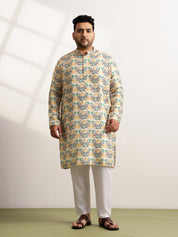 Men's Cotton Multi Floral Print Yellow Kurta