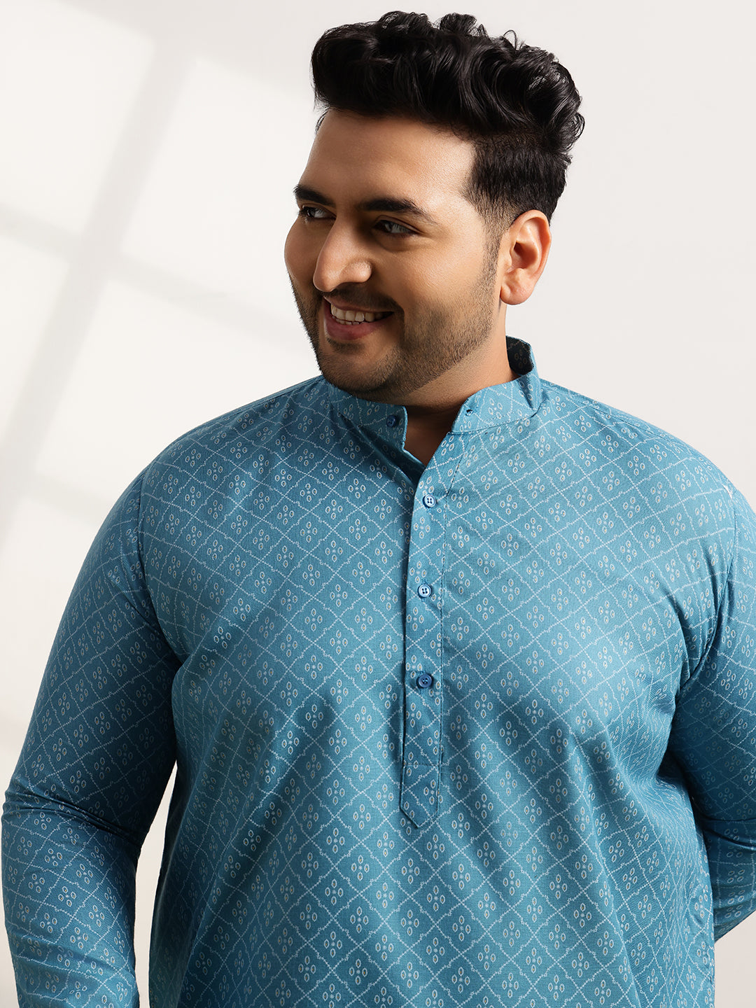 Men’s Cotton Blend Geometric Print Teal Blue Long Kurta