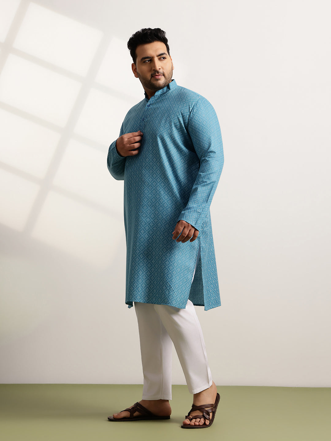 Men’s Cotton Blend Geometric Print Teal Blue Long Kurta