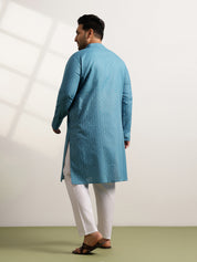 Men’s Cotton Blend Geometric Print Teal Blue Long Kurta