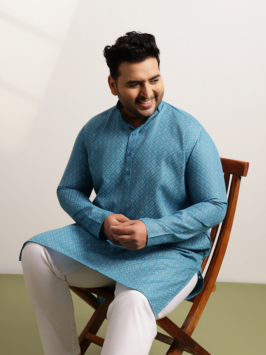 Men’s Cotton Blend Geometric Print Teal Blue Long Kurta