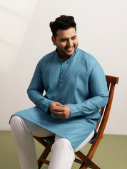 Men’s Cotton Blend Geometric Print Teal Blue Long Kurta