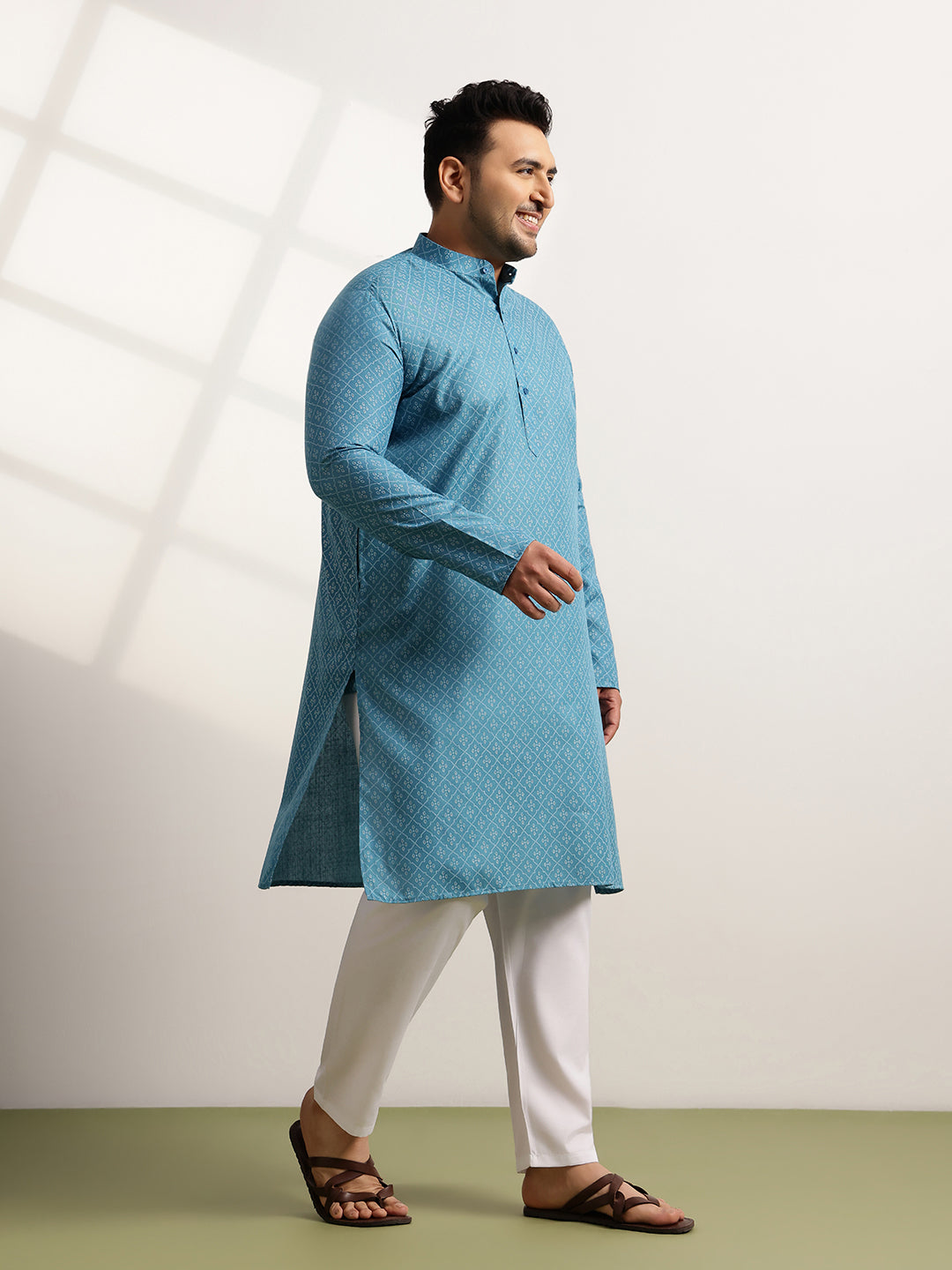 Men’s Cotton Blend Geometric Print Teal Blue Long Kurta