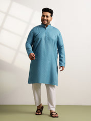 Men’s Cotton Blend Geometric Print Teal Blue Long Kurta