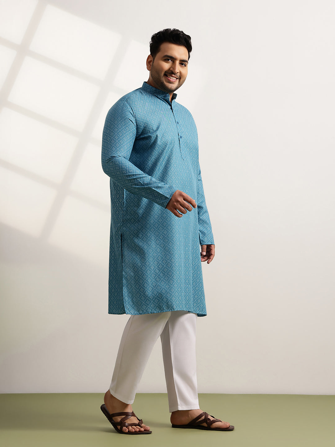 Men’s Cotton Blend Geometric Print Teal Blue Long Kurta