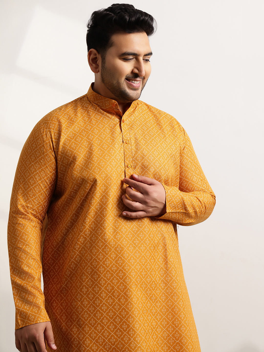 Men’s Cotton Blend Geometric Print Mustard Long Kurta