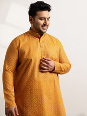 Men’s Cotton Blend Geometric Print Mustard Long Kurta