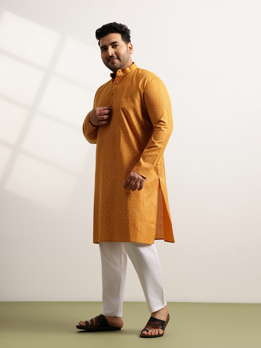 Men’s Cotton Blend Geometric Print Mustard Long Kurta