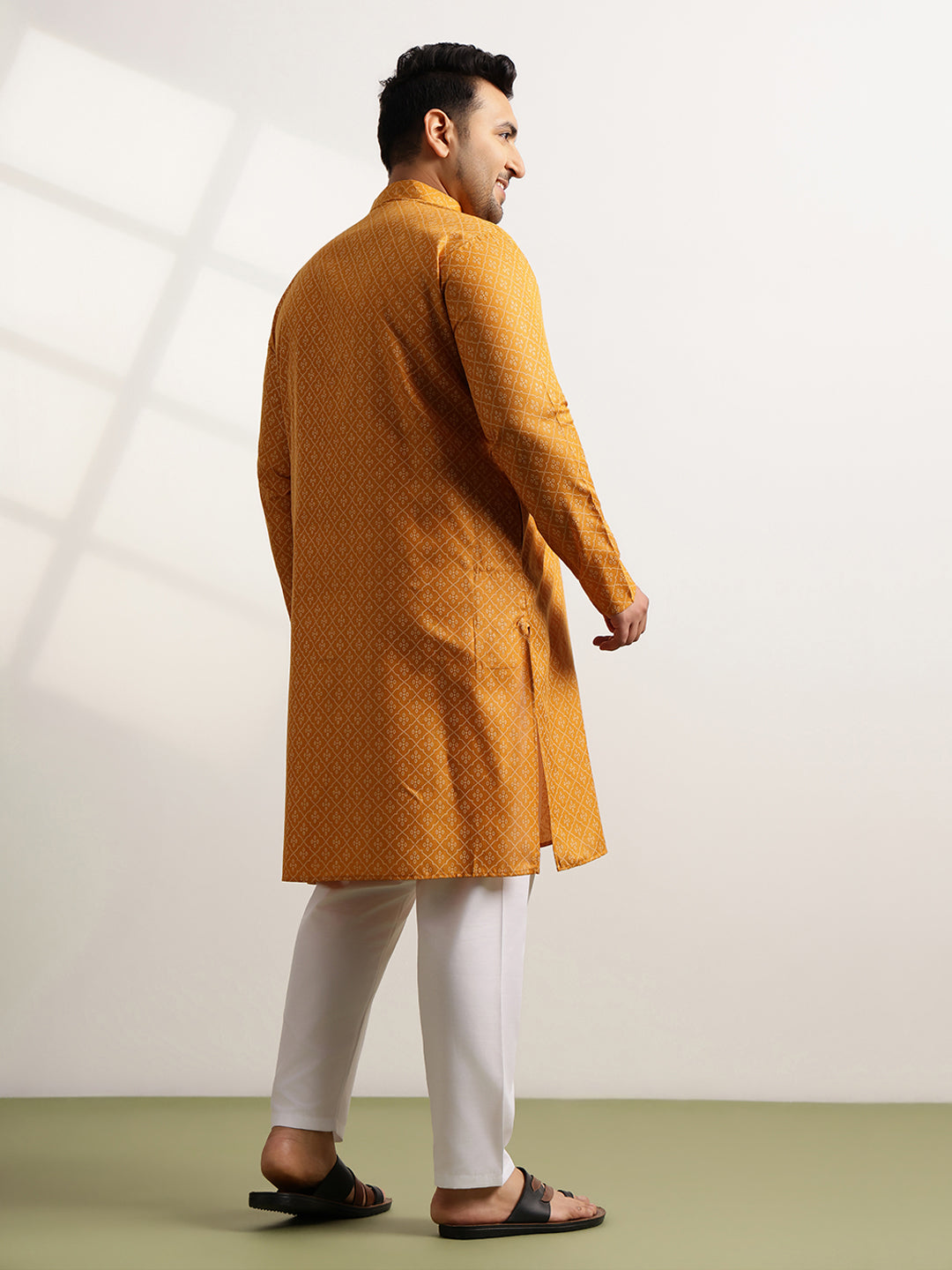 Men’s Cotton Blend Geometric Print Mustard Long Kurta