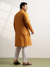 Men’s Cotton Blend Geometric Print Mustard Long Kurta