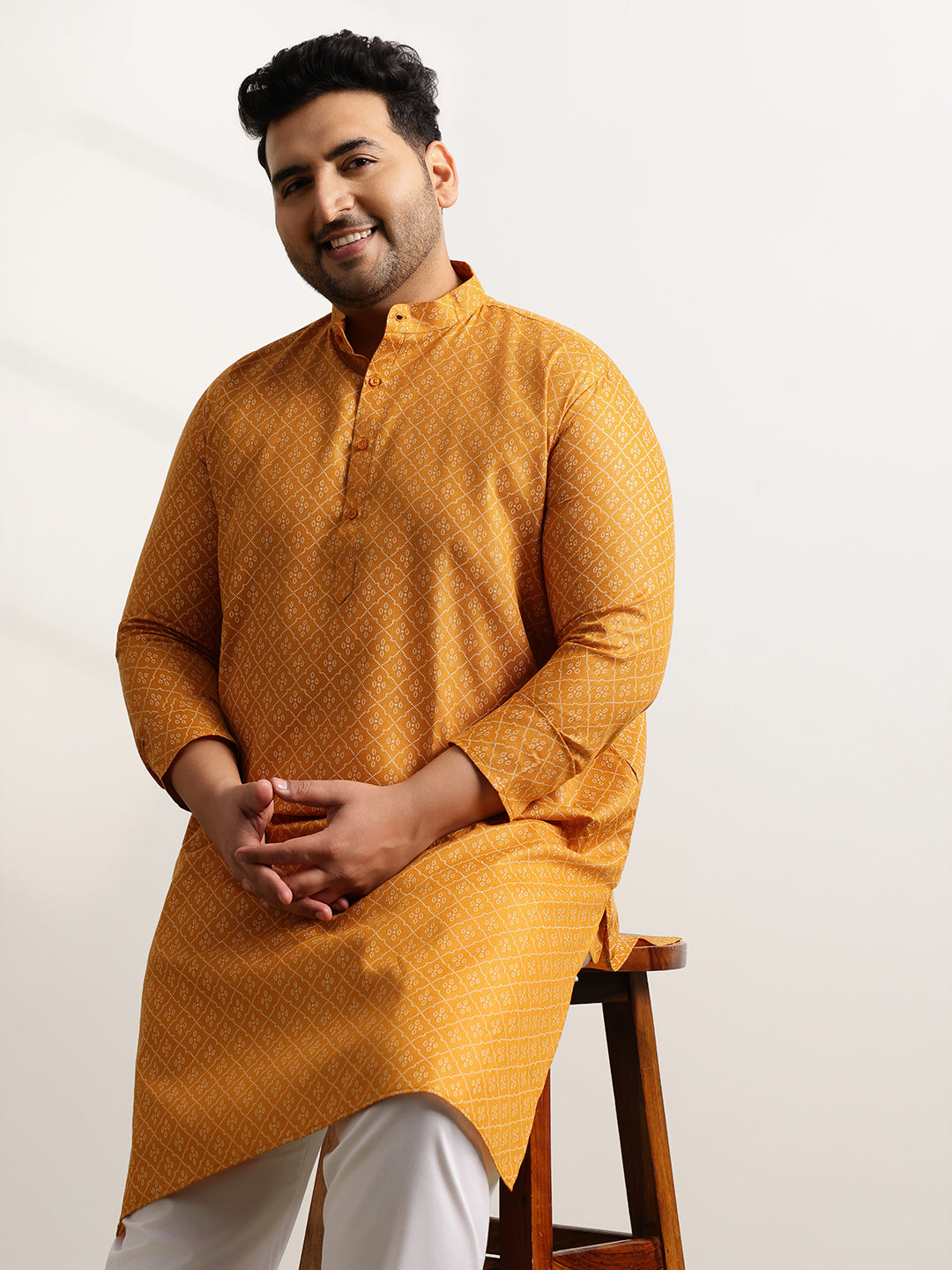 Men’s Cotton Blend Geometric Print Mustard Long Kurta