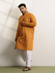 Men’s Cotton Blend Geometric Print Mustard Long Kurta