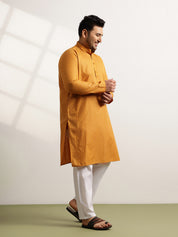 Men’s Cotton Blend Geometric Print Mustard Long Kurta