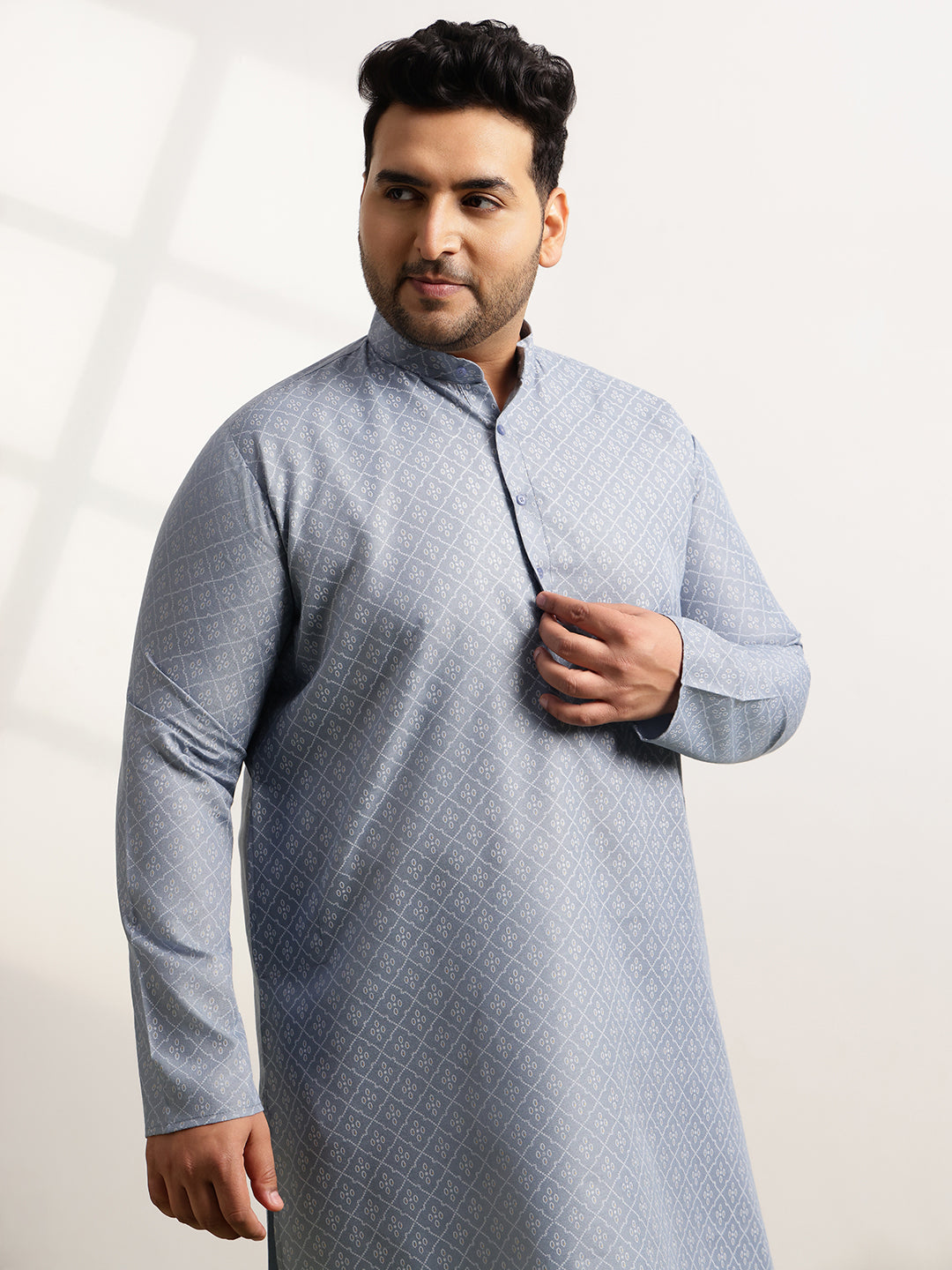 Men’s Cotton Blend Geometric Print Grey Long Kurta