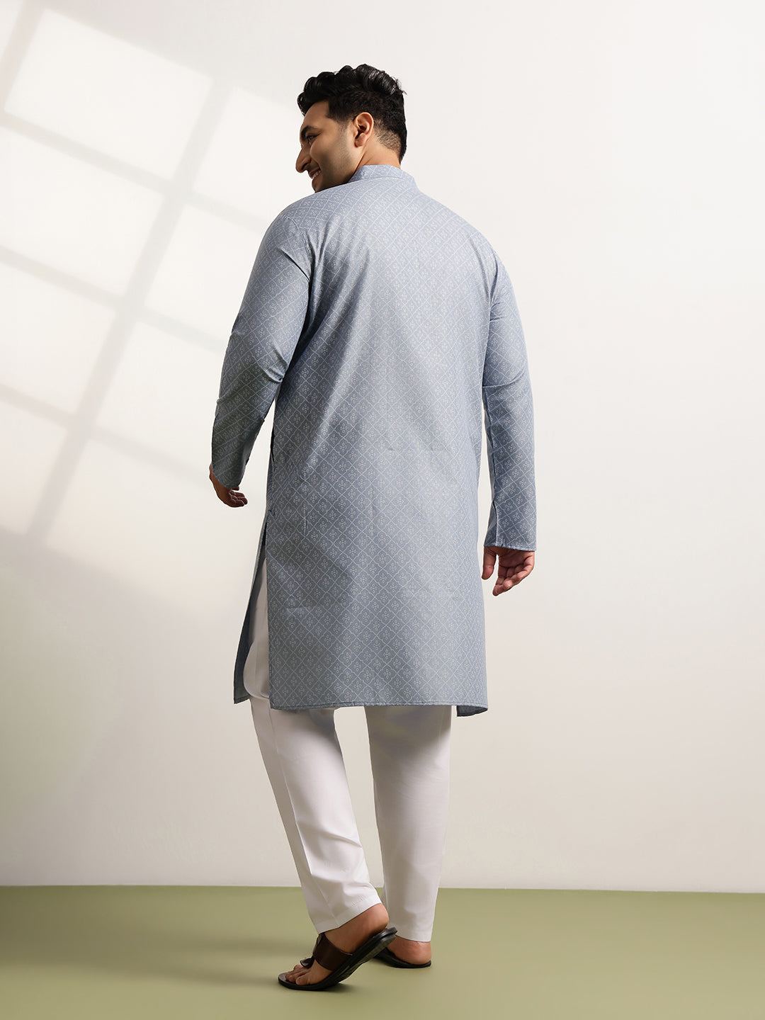 Men’s Cotton Blend Geometric Print Grey Long Kurta