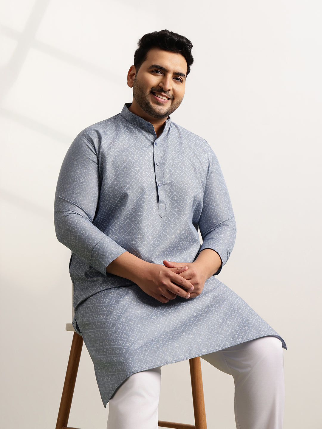 Men’s Cotton Blend Geometric Print Grey Long Kurta