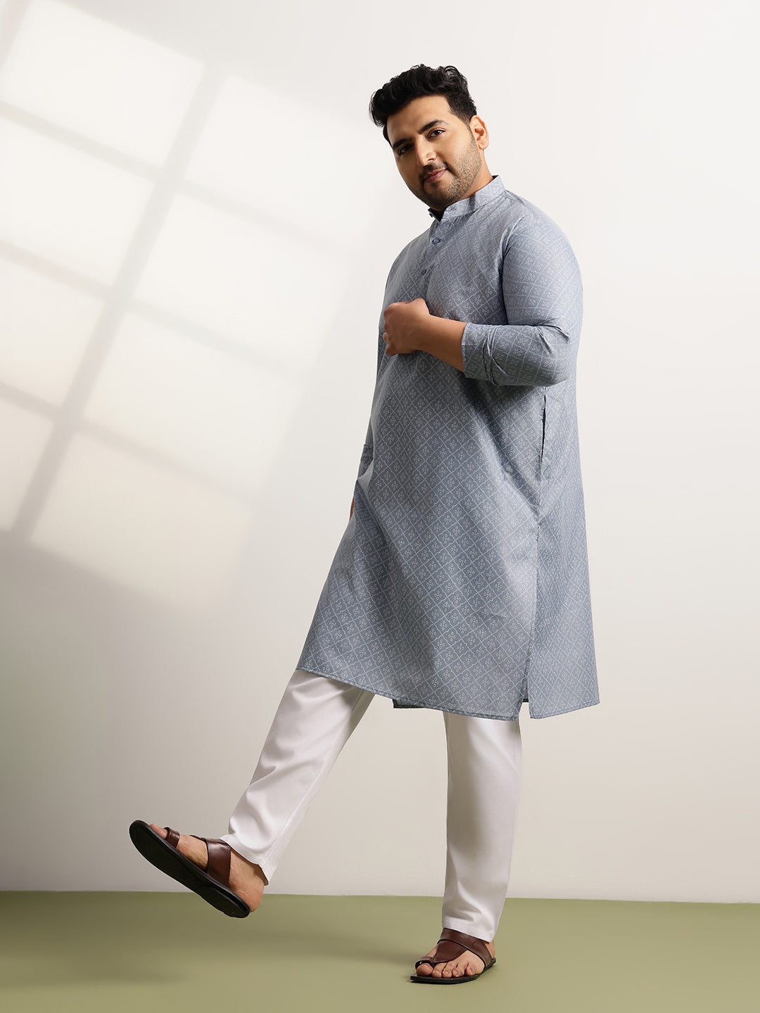 Men’s Cotton Blend Geometric Print Grey Long Kurta