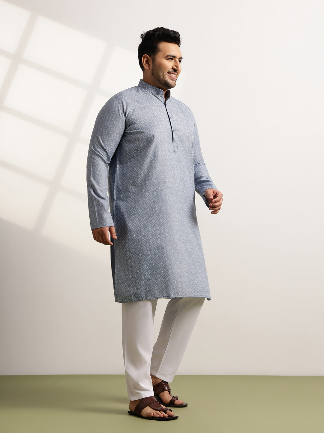 Men’s Cotton Blend Geometric Print Grey Long Kurta