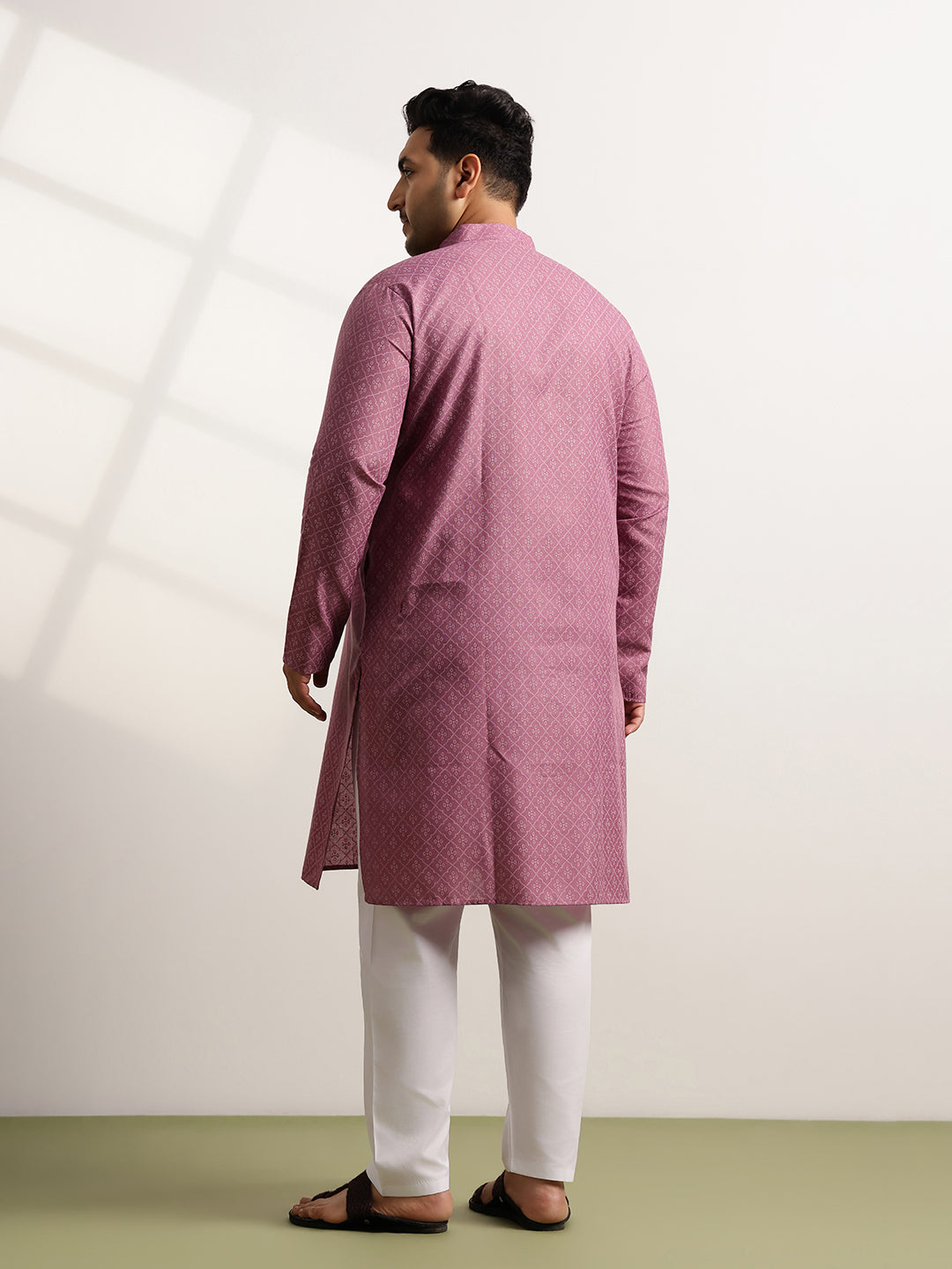 Men’s Cotton Blend Geometric Print Coral Long Kurta