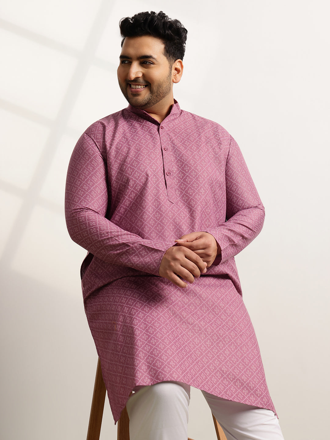 Men’s Cotton Blend Geometric Print Coral Long Kurta