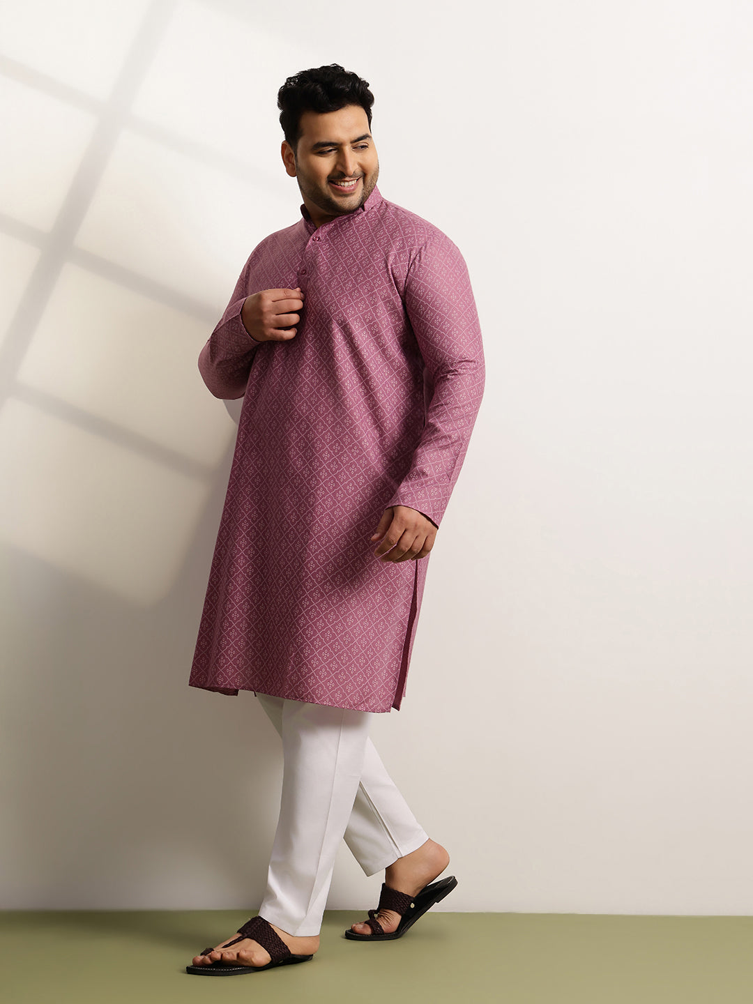 Men’s Cotton Blend Geometric Print Coral Long Kurta