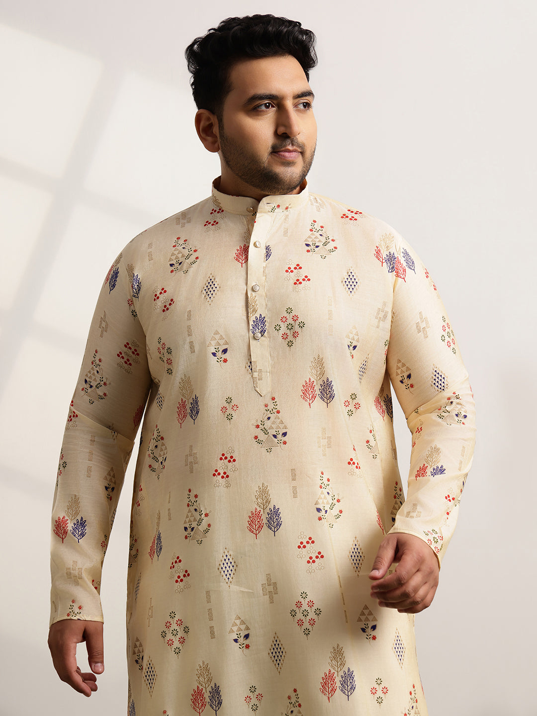 Men’s Silk Blend Motifs Print Beige Long Kurta