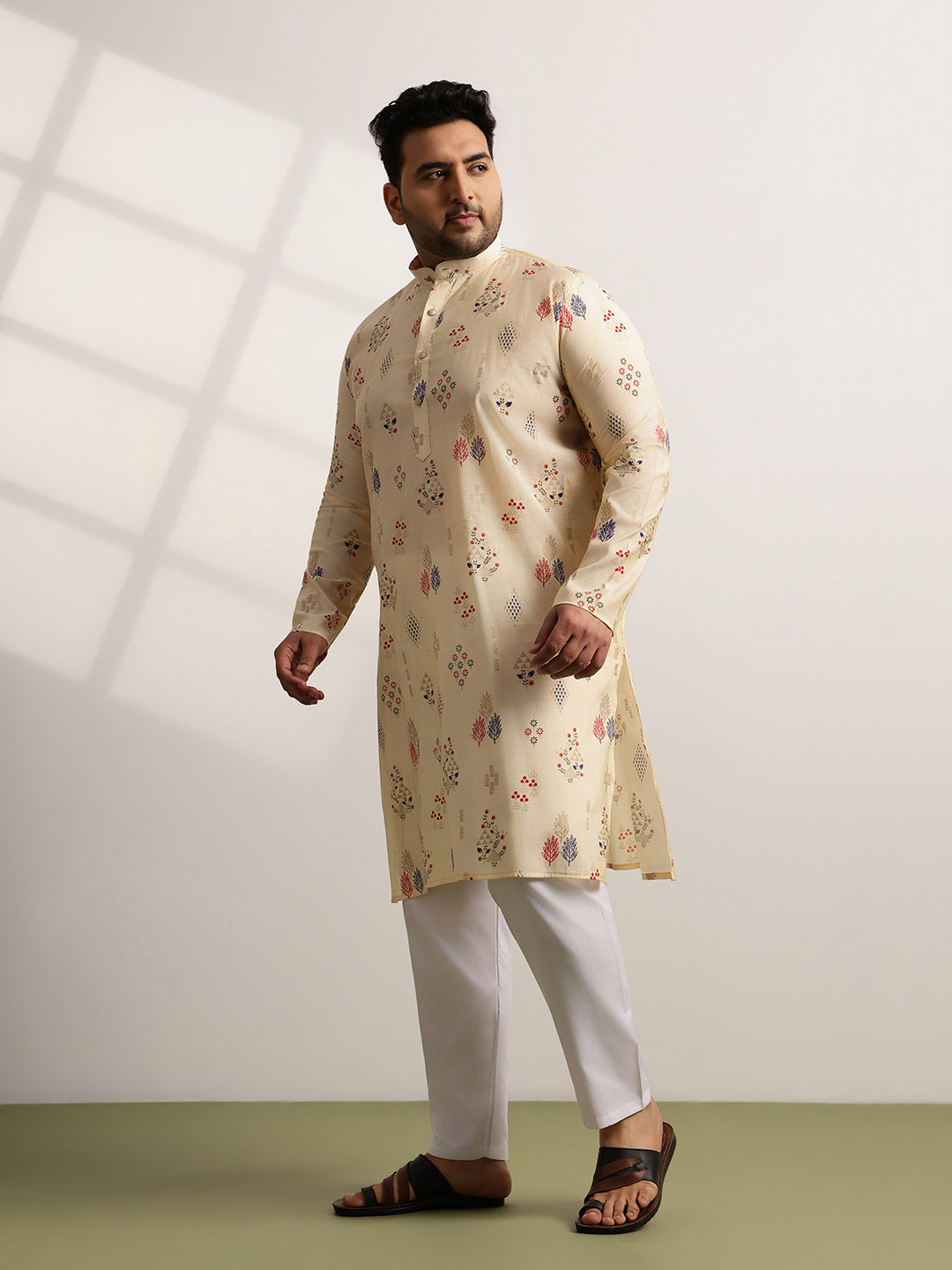 Men’s Silk Blend Motifs Print Beige Long Kurta