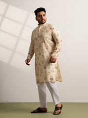 Men’s Silk Blend Motifs Print Beige Long Kurta