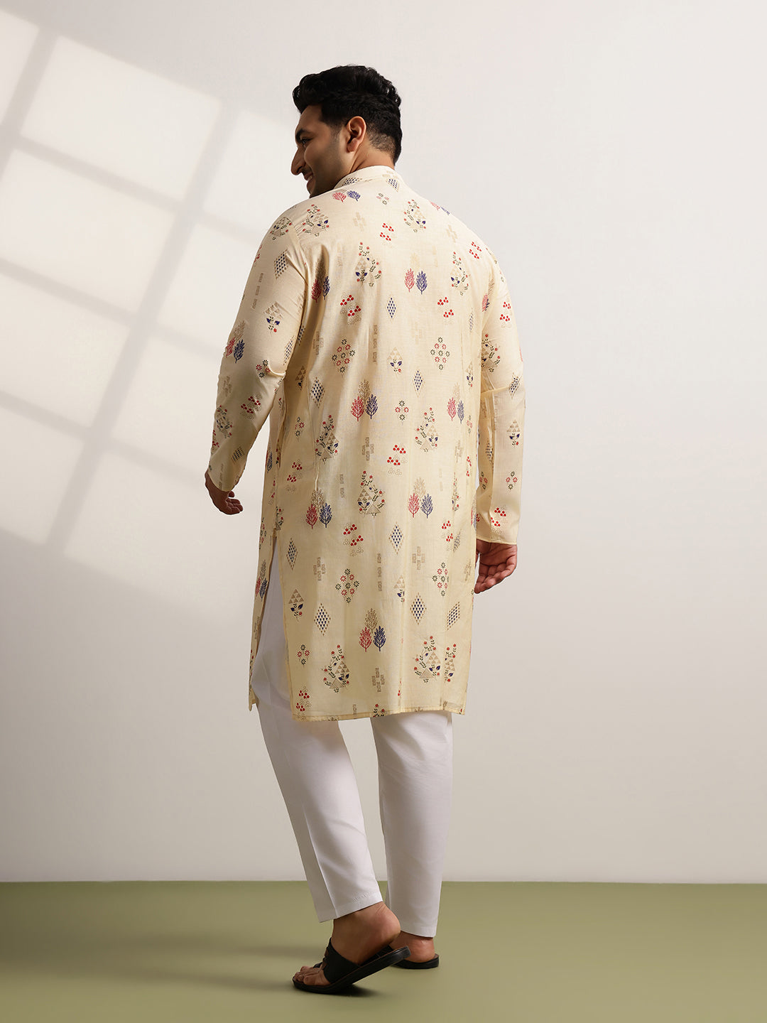Men’s Silk Blend Motifs Print Beige Long Kurta