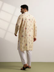 Men’s Silk Blend Motifs Print Beige Long Kurta
