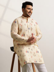 Men’s Silk Blend Motifs Print Beige Long Kurta