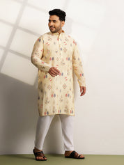 Men’s Silk Blend Motifs Print Beige Long Kurta