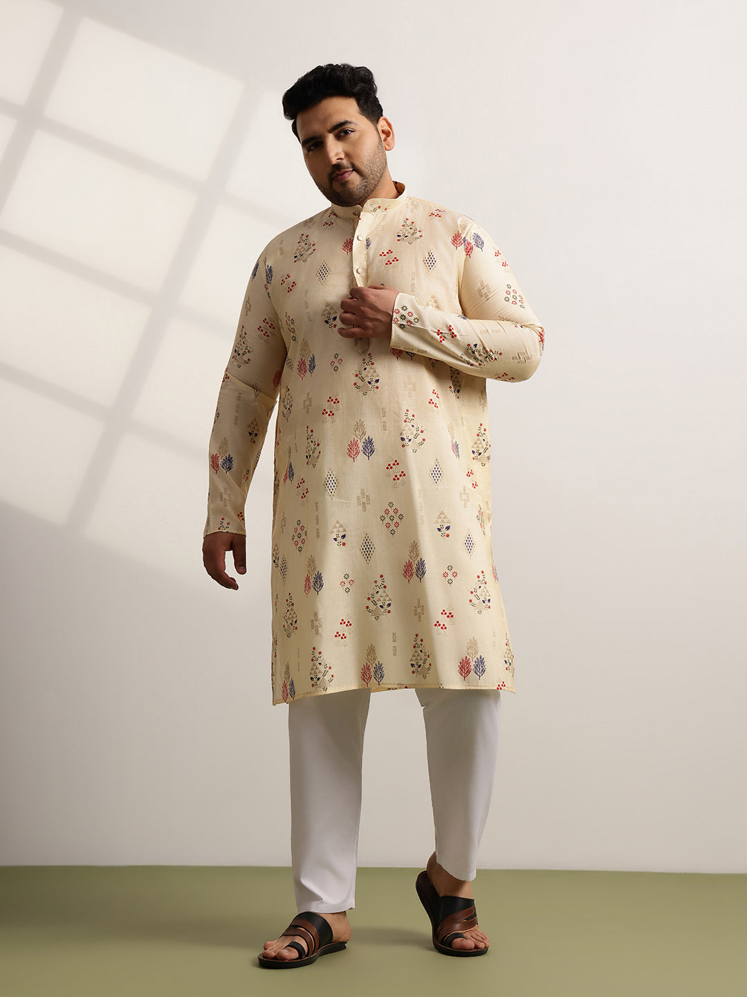 Men’s Silk Blend Motifs Print Beige Long Kurta
