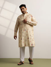 Men’s Silk Blend Motifs Print Beige Long Kurta