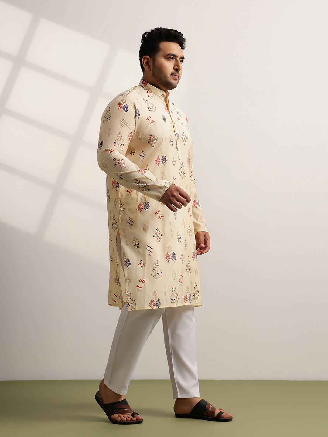Men’s Silk Blend Motifs Print Beige Long Kurta