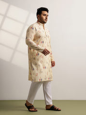 Men’s Silk Blend Motifs Print Beige Long Kurta