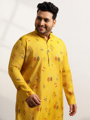 Men’s Silk Blend Motifs Print Mustard Long Kurta