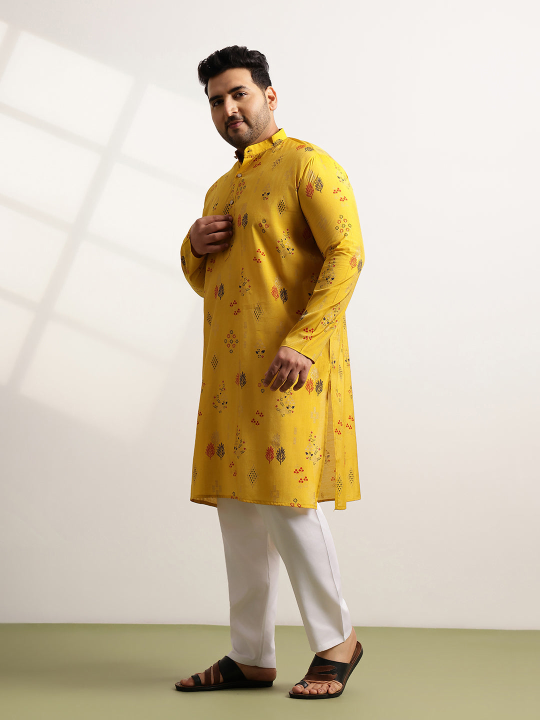 Men’s Silk Blend Motifs Print Mustard Long Kurta