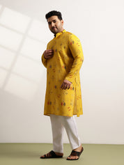 Men’s Silk Blend Motifs Print Mustard Long Kurta