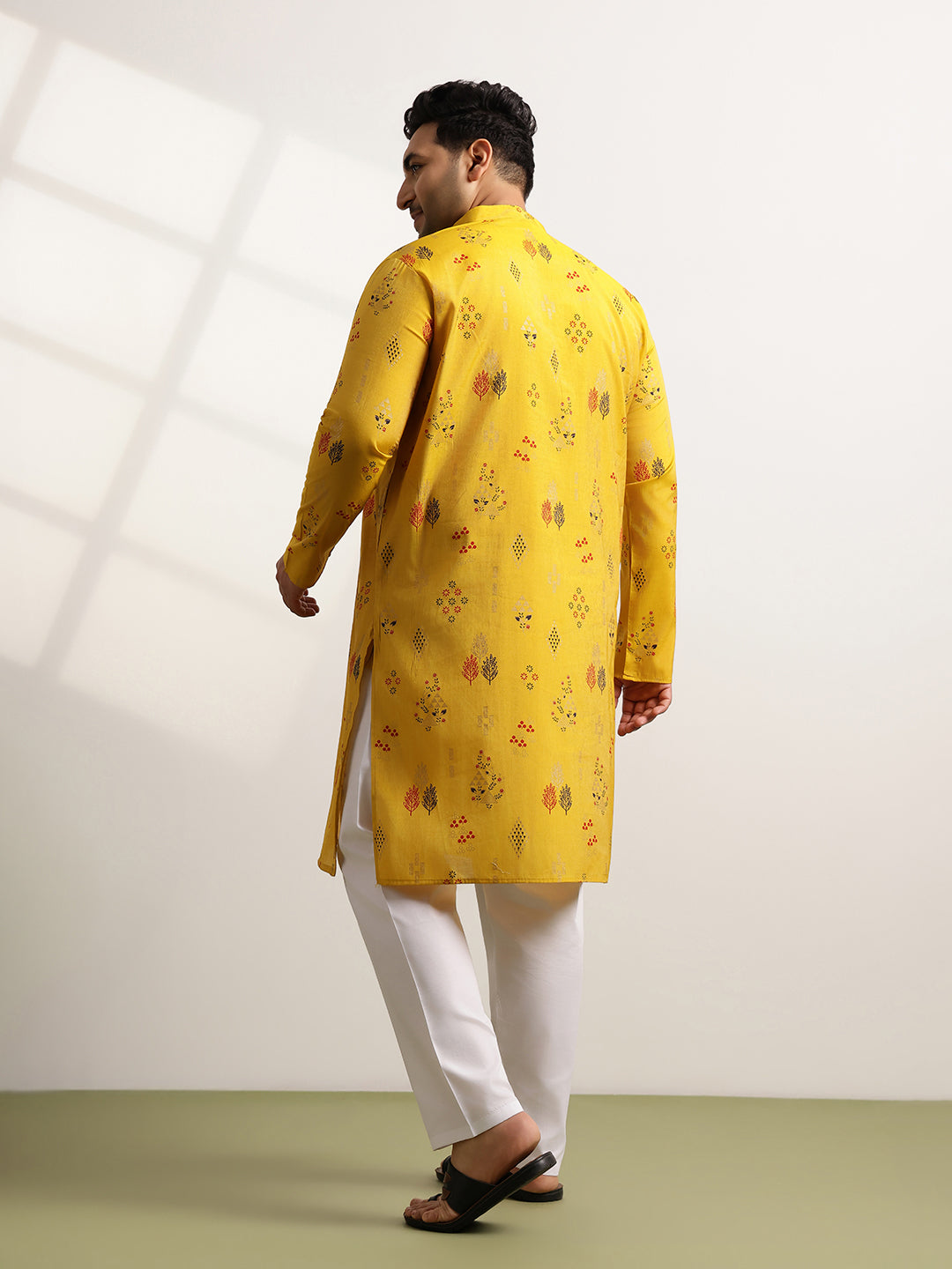 Men’s Silk Blend Motifs Print Mustard Long Kurta