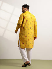 Men’s Silk Blend Motifs Print Mustard Long Kurta