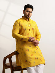 Men’s Silk Blend Motifs Print Mustard Long Kurta