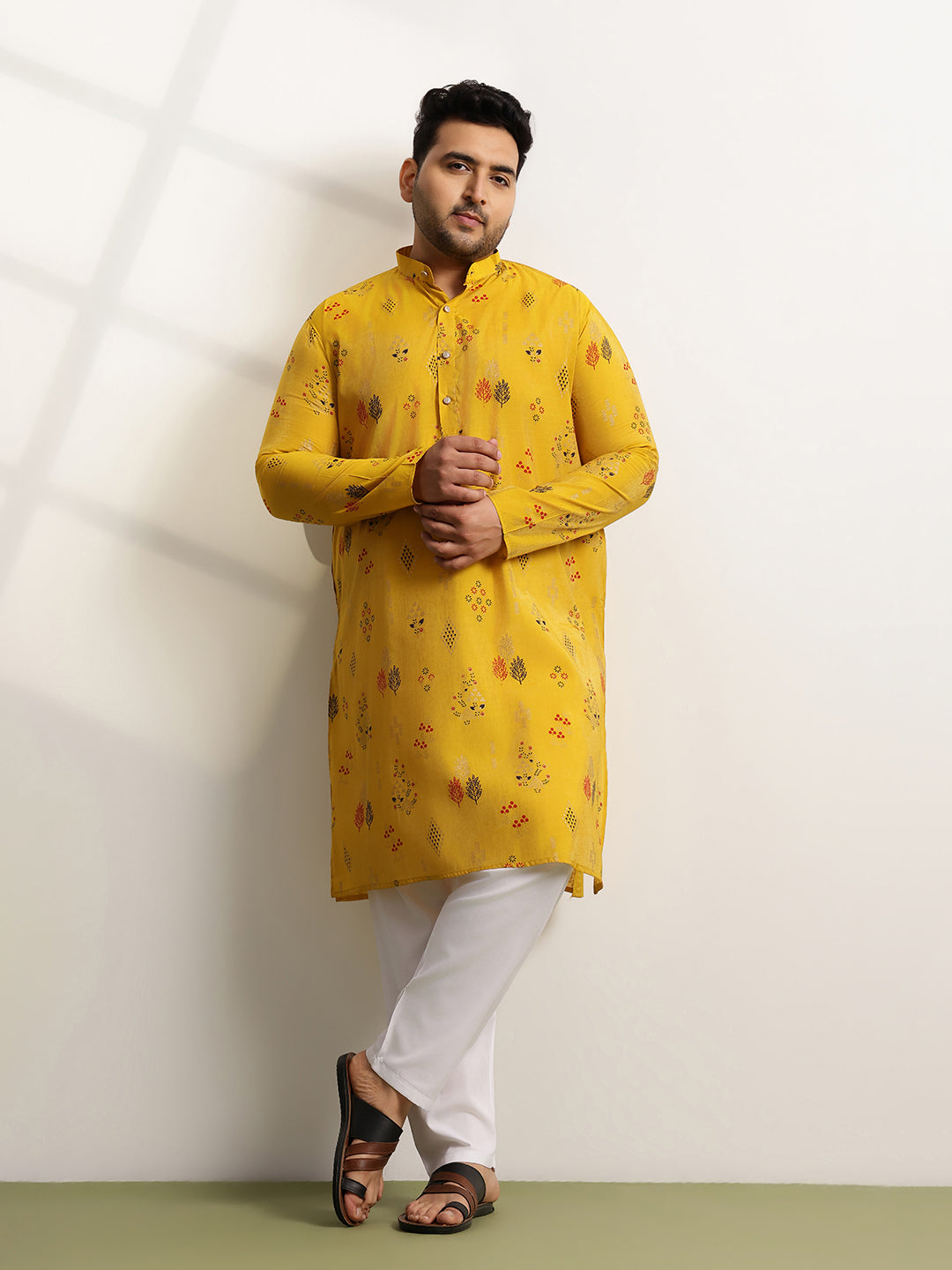 Men’s Silk Blend Motifs Print Mustard Long Kurta