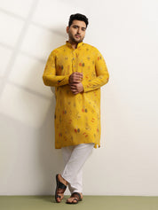 Men’s Silk Blend Motifs Print Mustard Long Kurta