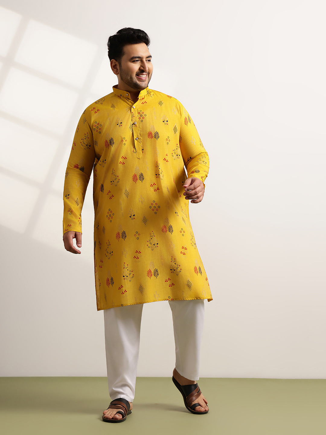 Men’s Silk Blend Motifs Print Mustard Long Kurta