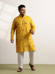 Men’s Silk Blend Motifs Print Mustard Long Kurta