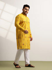 Men’s Silk Blend Motifs Print Mustard Long Kurta