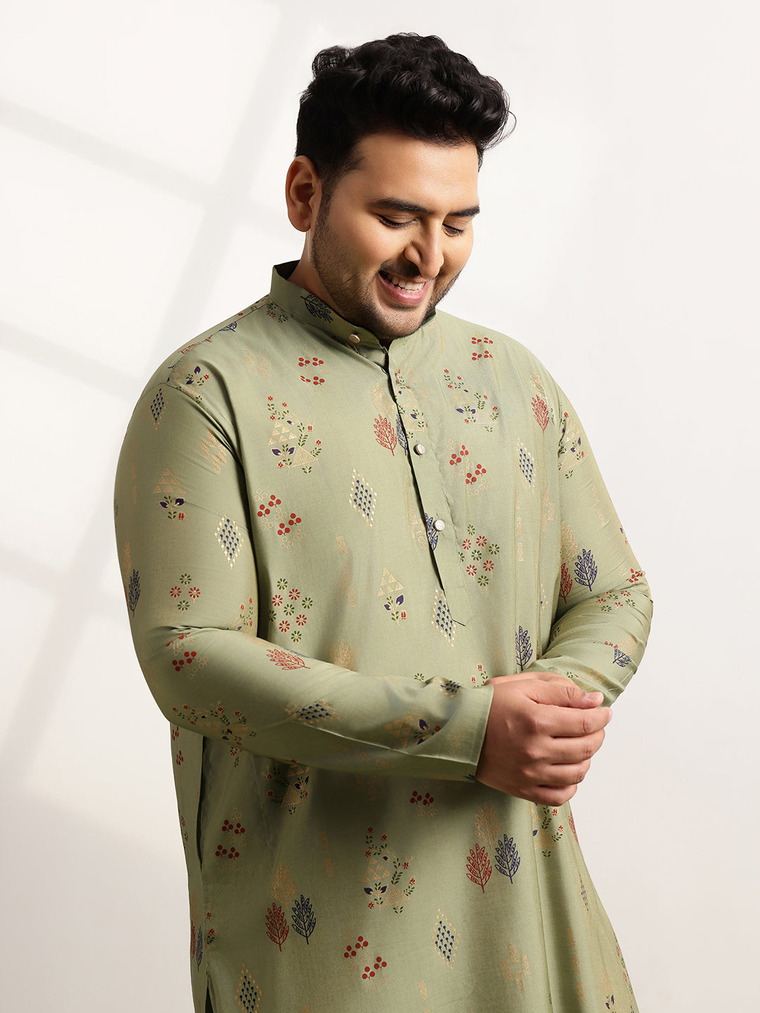 Men’s Silk Blend Motifs Print Mehndi Long Kurta