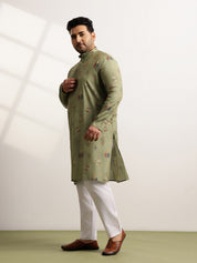 Men’s Silk Blend Motifs Print Mehndi Long Kurta