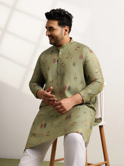 Men’s Silk Blend Motifs Print Mehndi Long Kurta